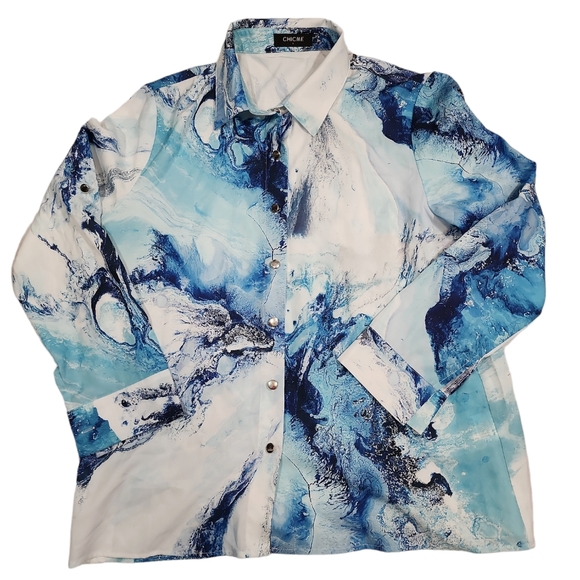 ChicMe Blue Pattern Button Down Long Sleeves Blouse - Picture 8 of 15